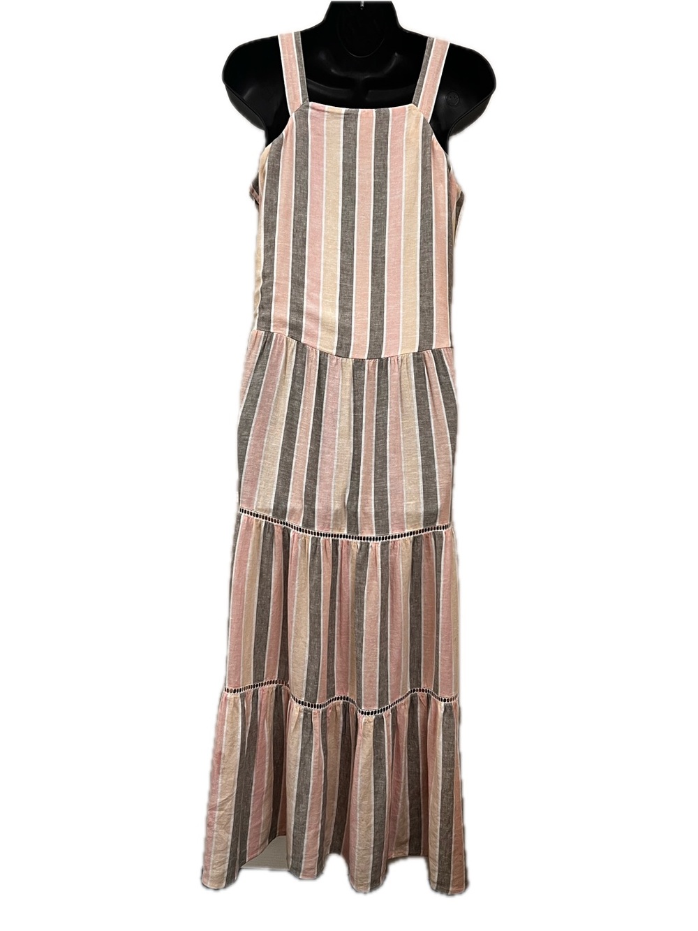 Caslon Pink Gray Stripe Linen Blend Tiered Maxi Dress Small - Picture 9 of 13